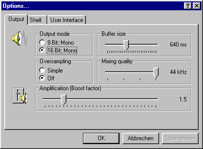 Output options window